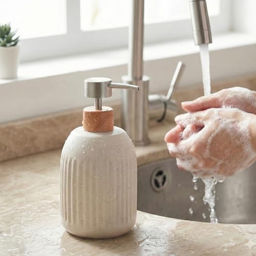 Ceramic Soap Dispenser, 16oz Rustic Dish Hand Soap Dispenser for Bathroom & Kitchen, Speckled Liquid Soap Pump Bottle for Shampoo, Lotion, Conditioner, Modern Farmhouse Bathroom Accessories - color: Ribbed-cream