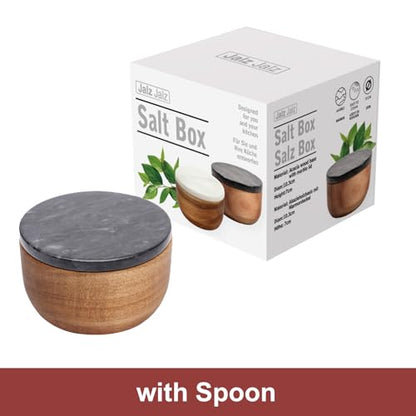 jalz jalz Acacia Wood Salt Cellar with black Marble Lid, 10oz Pinch Pot & Spoon - color: Black Cover Natural Base