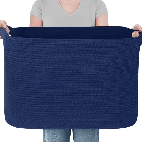 108L Extra Large Storage Basket, 25"x16"x16" Blue Blanket Basket Living Room, Oversized Cotton Rope Blanket Storage, XXXL Woven Kids Dog Toy Bin Box, Jumbo Laundry Shoes Towel Bin, Navy Blue - color: Dark Blue, size: 25"x16"x16"