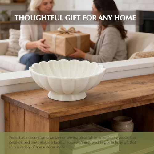 8-Inch Medium Fluted Ceramic Decorative Bowl,Cream White Speckled Fruit Bowl for Kitchen Counter,Key Bowl for Entryway Table,Handcrafted Pedestal Bowl for Coffee Table, Dining Room Centerpiece Bowl ﻿