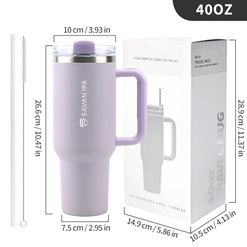 Insulated Tumbler, Lavender, 40 oz | Stainless Steel Vacuum, Handle and Straw, Leak Resistant Lid, Fits Car Cup Holder - color: Orchid Purple, size: 40 oz