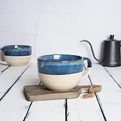 Ceramic Jumbo Coffee Mug Set of 2, 23 Oz, Large Mug Soup Bowls with Handles, Dishwasher and Microwave Safe (Prussian Blue) - color: Prussian Blue