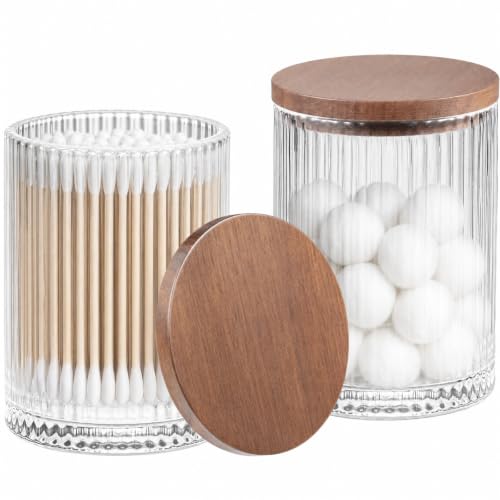 SheeChung 2 Pack Glass Apothecary Jar with Dark Wood Lid | 8.5oz Qtip Holder, Bathroom Vanity Storage Organizer Set for Cotton Swabs, Pads, Floss Picks, Containers for Makeup Storage - color: Dark Wood