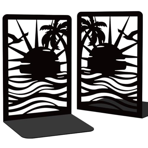 Sunrise Book Shelf Decorative Bookends for Shelves, Book Ends for Heavy Books, Black Beach Metal Bookends for Desk Organizer, Office Library Decor Decorative Books for Home Decor - style: Sunrise