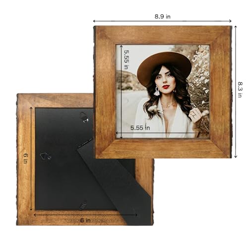 IKEREE 6x6 Rustic Picture Frames with Natural Bark Edges, Brown Wood Photo Frame for Tabletop or Wall Mounting Display - size: 6x6 inch