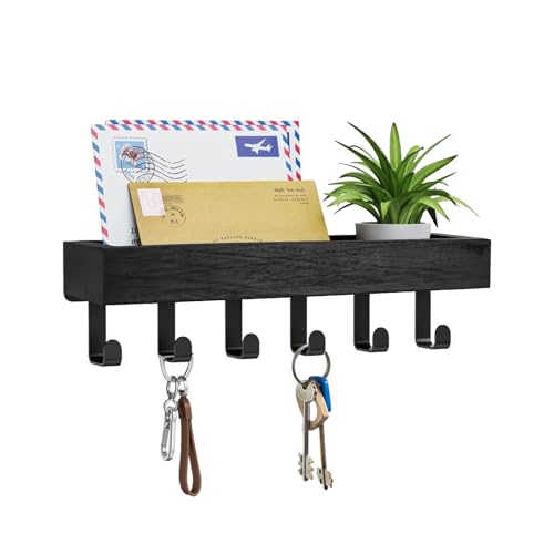 Key Holder Wall Mount with 6 Hooks, Drilling Key Holder for Wall with Wooden Tray, Multifunctional Key Rack with Mail Organizer for Entryway Living Room (Black) - color: Black