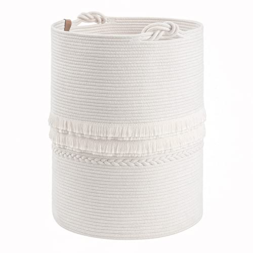 70L Woven Rope Laundry Basket with Tassel, 16" x 22", White | Tall Storage Basket for Blankets, Clothes & Towels, Fits Living Room Décor, Decorative Laundry Hamper with Knotted Handles - color: Off-white, size: 69L (16"W x 22"H)