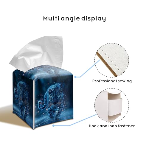 Fantasy Snow Leopard Galaxy PU Leather Tissue Box Cover 5.2 Inch | Galaxy snow leopard design; 5.2 in PU leather hand-stitched tissue cover for bathroom, bedroom, car, office. - color: Blue Leopard