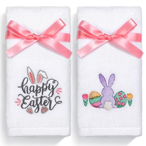 Easter Hand Towels 100% Cotton Embroidered Happy Easter Bunny Decorative Bathroom Kitchen Dish Towels Set Gift Set of 2 14x29 inch - color: Est.gnome