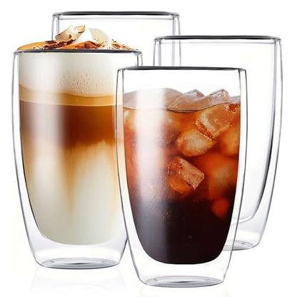 MESNEY 17 oz Double Walled Glass Coffee Mugs, Glass Coffee Mugs Set of 4, Insulated Clear Cappuccino Latte Mugs for Home, Cafe & Restaurant, Durable Stackable Drinking Glasses - size: 17 Ounces 4 pieces