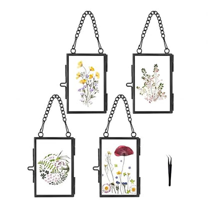 4 Pcs Pressed Flower Frame with Tweezers, Wall Hanging Tabletop Display Double Glass Frames with Metal Chain for Pressed Dried Flowers Plants, Horizontal and Vertical Picture Frame, Black, FRAMES ONLY - color: Balck-4