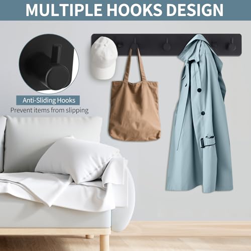 Wall Mount Coat Rack, 5-Hook Metal Towel and Hat Hook, Black | Adhesive Or Screw Mount, Rounded Smooth Hooks, Sturdy Metal, For Towels, Coats, Hats, Bags - style: "T" shape