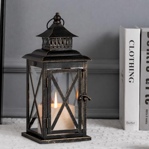 Lantern Decorative Indoor & Outdoor, Large Hanging Candle Lanterns Home Decor, Vintage Metal Candle Holders for Front Porch Patio Wedding Party, Halloween Christmas Decorations (Black) - color: Black / 14.8'' / 1 Pc
