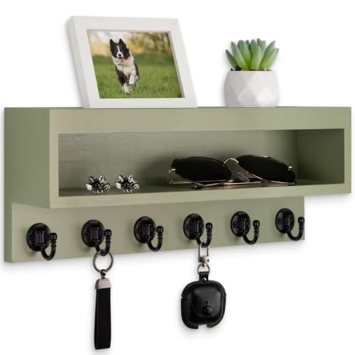 Key and Mail Holder Wall Mount, Key Hanger with Long Storage Box and 6 Hooks for Coat, Dog Leash, Home Decor Rack, House Accessories, Entry Way Organizer - color: Sage Green