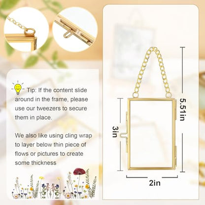 4 Pcs Pressed Flower Frame with Tweezers, Wall Hanging Tabletop Display Double Glass Frames with Metal Chain for Pressed Dried Flowers Plants, Horizontal and Vertical Picture Frame, Gold, FRAMES ONLY - color: Gold-4
