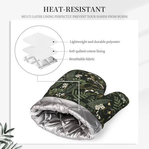 Botanical Oven Mitts and Pot Holders Sets Silicone White Flowers Berries and Leaves Kitchen Oven Mitts Hot Pads Heat Resistant Potholders Kitchen Mitts Set for Baking BBQ Cooking - color: Black White