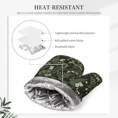 Botanical Oven Mitts and Pot Holders Sets Silicone White Flowers Berries and Leaves Kitchen Oven Mitts Hot Pads Heat Resistant Potholders Kitchen Mitts Set for Baking BBQ Cooking - color: Black White