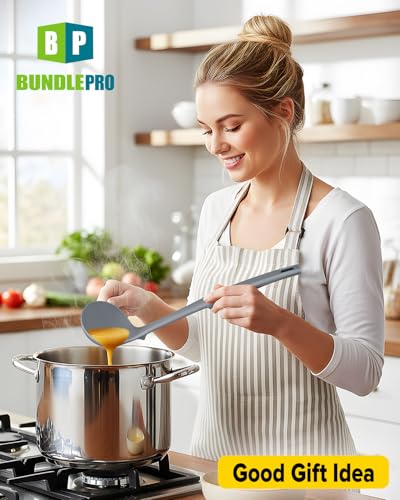 Silicone Pasta Fork and Soup Ladle Set, Heat Resistant Non Stick Kitchen Utensils with Back Hooks, Suitable for Cooking, Stirring, Serving Spaghetti, Soup, Sauce (GRAY) - color: Gray