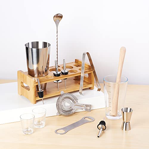 True 14-Piece Barware Set with Wood Stand for Mixing Cocktails and Drinks, Perfect Home Bar Accessories, Mixology Bartender Kit, Bartending Supplies - size: 14-Piece