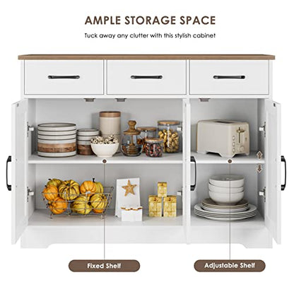 HOSTACK Kitchen Buffet Cabinet with Storage, Sideboard Coffee Bar, White | Farmhouse Kitchen Storage Cabinet with 3 Drawers & Adjustable Shelf, 42.5"W Buffet Table for Dining Living Room - color: White