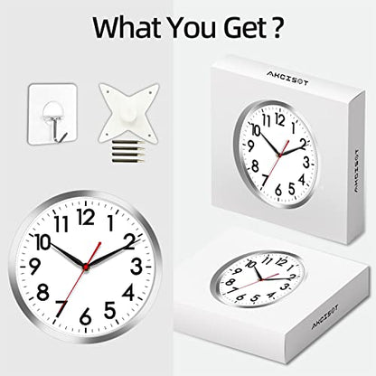 AKCISOT 12 Inch Wall Clock, Silent Battery Operated Analog Clock, Silver | Office | Kitchen | Living Room | Classroom | Easy-to-read Numbers - color: B_silver, size: 12 Inch