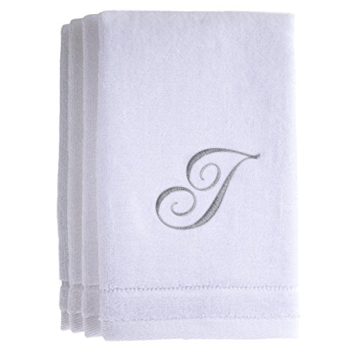 Monogrammed Towels Fingertip, Personalized Gift, 11 x 18 Inches - Set of 4- Silver Embroidered Towel - Extra Absorbent 100% Cotton- Soft Velour Finish - For Bathroom/ Kitchen/ Spa- Initial I (White) - color: I