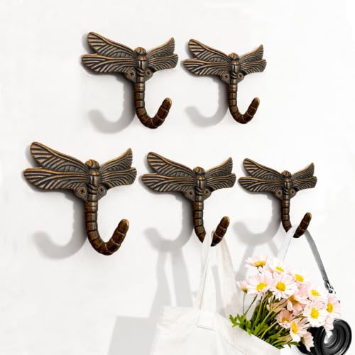 5pcs Dragonfly Coat Hooks Decorative Animal Wall Mounted Heavy Duty Hooks Vintage Towel Bathrobe Hook for Home Handbag Clothes Hats Bags Keys Indoor Outdoor(Antique Bronze) - color: Antique Bronze