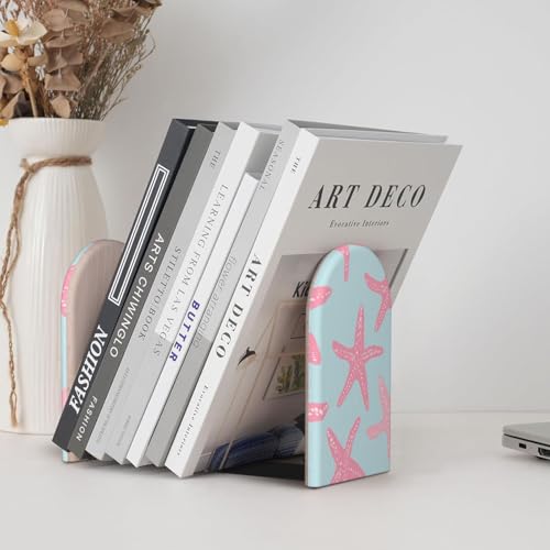 Pink Starfish Simple Bookends for Shelves 2 Pcs Wooden Book Stopper Organizer for Home Office Libraries