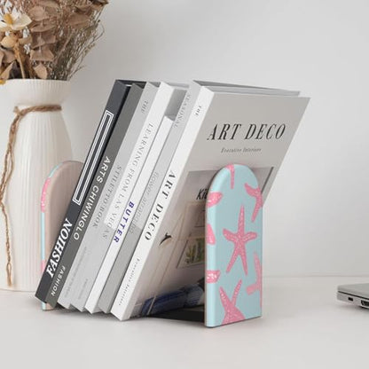 Pink Starfish Simple Bookends for Shelves 2 Pcs Wooden Book Stopper Organizer for Home Office Libraries