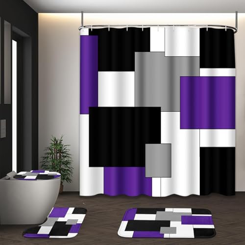 Bathroom Sets with Shower Curtain and Rugs, 4 Pcs, Geometric Purple | Abstract Modern Checkered Bathroom Decor Set with Toilet Lid Cover, Non-Slip Bath Mats and Accessories 12 Hooks - color: Abstract Geometric Purple