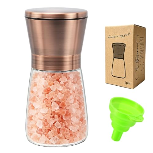 Manual Short Copper Salt and Pepper Grinder with Ceramic Blades | Adjustable Coarseness- Stainless Steel Refillable Mills, Bonus Silicone Funnel - color: Copper, size: 1PK