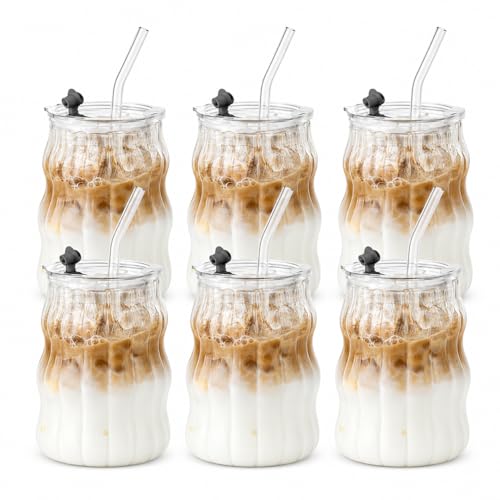 6 Packs Glass Cups with Lids and Straws, 18oz Ribbed Iced Coffee Glass Tumblers, Suitable for Juice, Milk Tea, and Smoothies, Includes Cleaning Brushes