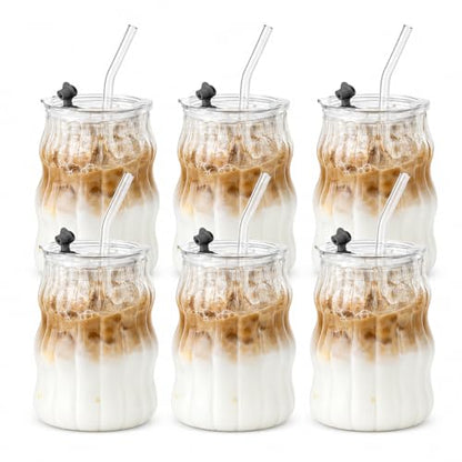 6 Packs Glass Cups with Lids and Straws, 18oz Ribbed Iced Coffee Glass Tumblers, Suitable for Juice, Milk Tea, and Smoothies, Includes Cleaning Brushes