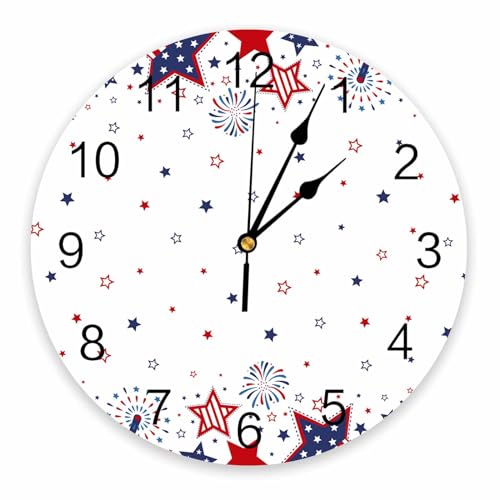 Round Wall Clock 10 Inch Bedroom, 4th of July Red Blue Stars Firework American Flag Silent Battery Operated Non Ticking Wall Clocks with Large Numbers Easy to Read for Home, Living Room - color: Starscbt89899, size: 10x10inch(25x25cm)