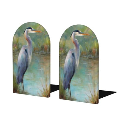 Majestic Blue Heron Bookends for Shelves 2 Pcs Wooden Book Stopper Organizer for Home Office Libraries