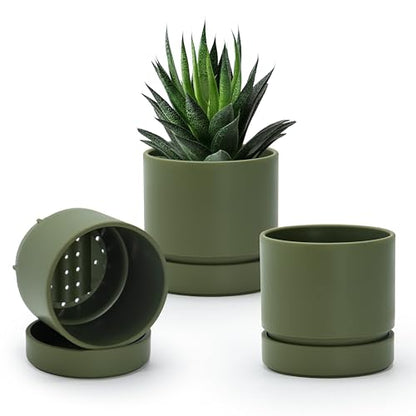 Phoenix Vine 4 Inch Planter Pot with Drainage Hole & Saucer, Deep Water Catch Tray, Straight Cylindrical Round Pot for Plants, Olive, Pack of 3, 23-D-R-3 - color: Olive, size: 4" (3 Pack)