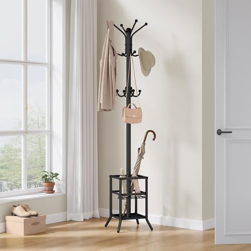 FAVOOSTY Coat Rack Freestanding,Coat Rack Stand with Umbrella Holder,Metal Coat Tree with 12 Hooks,Tree Clothes Hat for Entryway, Hallway, Bedroom, Living Room & Office -Black - color: Black