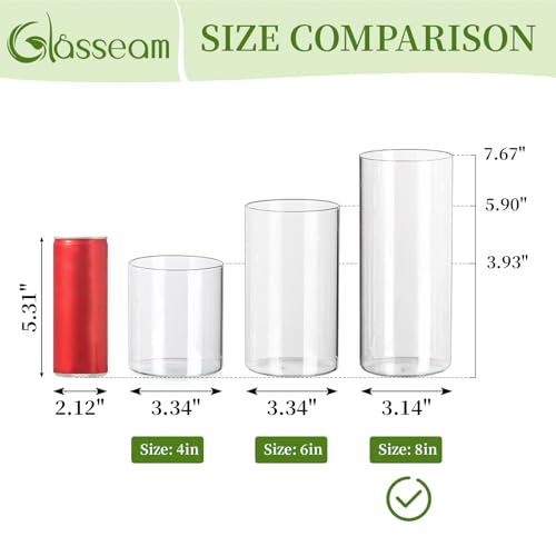 Glasseam Cylinder Vases for Centerpieces, 6Pcs Clear Glass Vase for Flowers | Hurricane Pillar, Floating Candle Holder, Modern, Small Home Decorations, Table Centerpieces, Wedding, Party, 8In - size: 8In