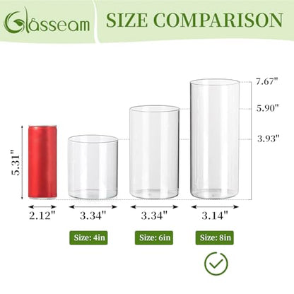 Glasseam Cylinder Vases for Centerpieces, 6Pcs Clear Glass Vase for Flowers | Hurricane Pillar, Floating Candle Holder, Modern, Small Home Decorations, Table Centerpieces, Wedding, Party, 8In - size: 8In