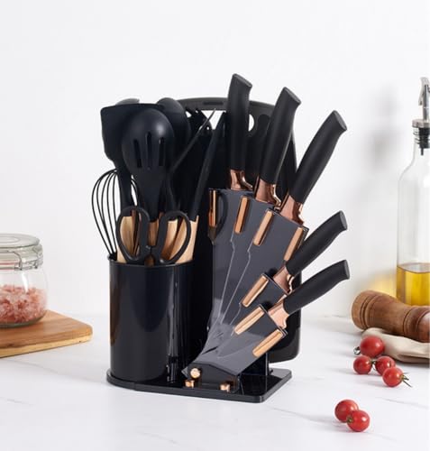 Kitchen Cooking Utensils and Knife Set with Block, 19 Pieces Cooks Cutting Set 11 Silicone Utensils Tool 5 Pcs Sharp Stainless Steel Chef Knives Scissors Whisk Tongs and Cutting Board (Teal) - color: Teal