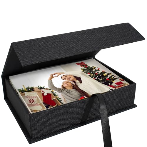 Photo Storage Box 4x6, Linen Photo Box - Black | Keepsakes and Jewelry, Connected Lid, for Photos, Certificates, Scrapbooking Supplies - color: Black, size: 4"x6"