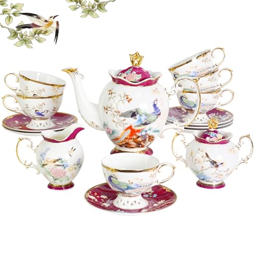 ACMLIFE Bone China Tea Set for Adults with Teapot, Porcelain Tea Party Sets 21-Piece Vintage Floral Fine Bone China Tea Set for 6, 24K Gold English Tea Sets for Women Tea Party for Gifts - color: Red-Phoenix