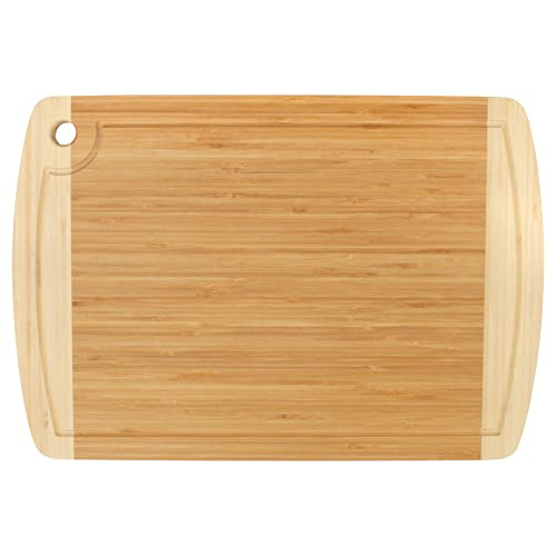 BambooMN Heavy Duty Premium Bamboo Two-Toned Cutting Board w/Hanging Hole - 17.25" x 11.75" x 0.75" - Grooved/Flat - 2 Pieces - size: 17.25" x 11.75" (Two-Tone w/hole)
