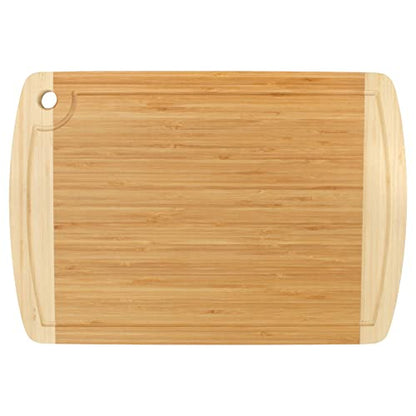 BambooMN Heavy Duty Premium Bamboo Two-Toned Cutting Board w/Hanging Hole - 17.25" x 11.75" x 0.75" - Grooved/Flat - 2 Pieces - size: 17.25" x 11.75" (Two-Tone w/hole)