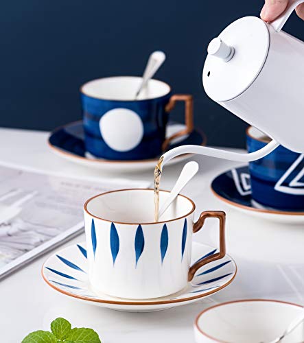Jusalpha- 7OZ Porcelain Tea/Coffee Cup With Spoon Saucer Set, Serve of 4 | Japanese style hand printed design