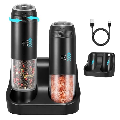 Rechargeable Gravity Electric Salt Grinder Set,Black | w/ Variable Grinding Speed, External Adjustable Coarseness, External Adjustable Coarseness, Charging Base and White LED Light - color: Black with Charging Base