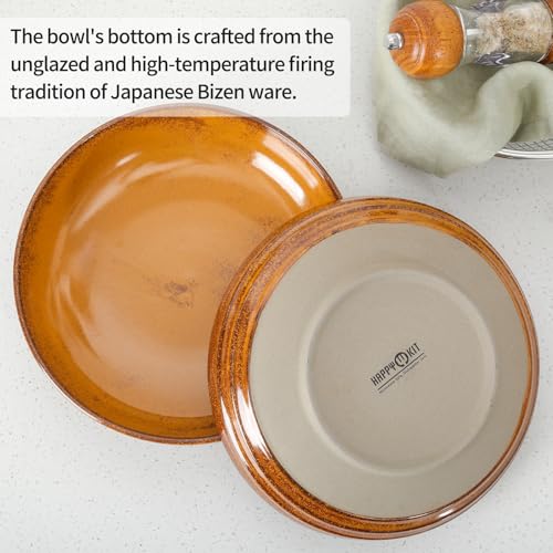 HAPPY KIT 9'' Pasta Bowls, 42oz, Stoneware Set of 4, Ocher | Large Salad Bowl, Ceramic Serving Bowls, Double Reactive Glaze, Ideal for Housewarming, Festivals, Microwave Safe - color: Ocher