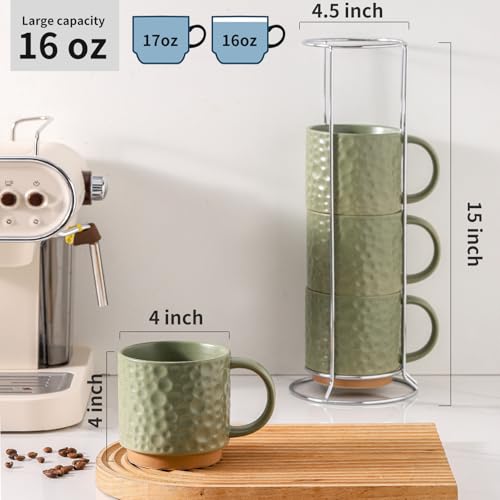 Nihow 16 Oz Ceramic Coffee Mug Set of 4 with Stackable Stand,Matte Green | Stackable, Stainless Stand Included, Cappuccino & Tea, Hot/Cold Drinks, Dishwasher & Microwave Safe - color: Matte Green, size: 16 oz With Stand