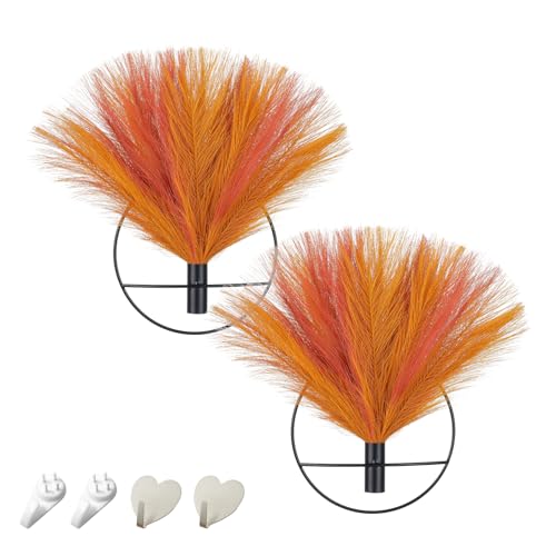 Pretty Jolly Boho Pampas Wall Decor Black Metal Wall-Mounted Art | Morden Artificial Greenery Display，2 Pack Hanging Planter For Living Room, Bedroom, Bathroom, Dining room - color: 29-pampas-Gold&OldOrange - Black Ring, size: S 7.8inch (Black Ring)