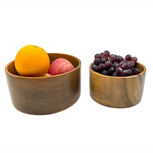 Acacia Wood Bowl Set of 2, Artisan Hand-Turned Cylindrical, 8" & 6" Bowls | Solid joint-free acacia wood bowls with continuous grain, handcarved for salad, fruit, bread, serving food 8 x 4 & 6 x 3.5 in